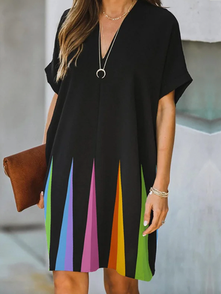 Loose V neck Short Sleeve Urban Mini Dress, Black, Mini Dresses