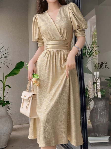 

Plain Elegant V Neck Regular Fit Dress, As picture, Midi Dresses