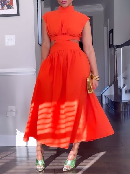 

Stand Collar Regular Fit Plain Urban Dress, Orange red, Maxi Dresses
