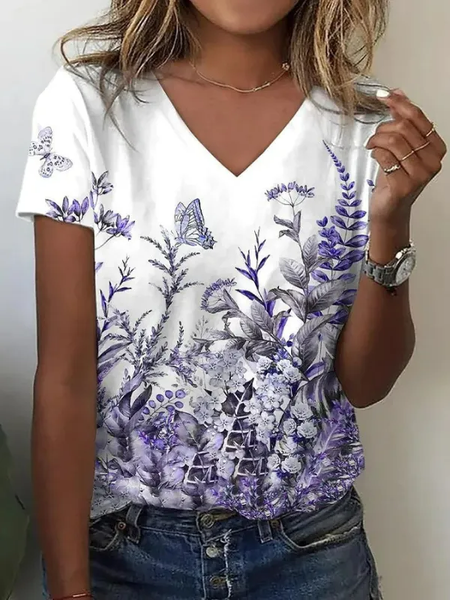 

Women's Short Sleeve Tee T-shirt Summer Floral V Neck Daily Going Out Casual Top Purple, T-Shirts