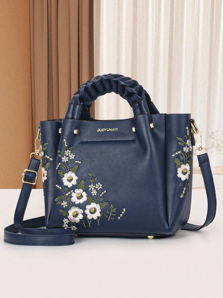 

Floral Embroidered Braided Handle Tote Bag with Crossbody Strap, Deep blue, Bags