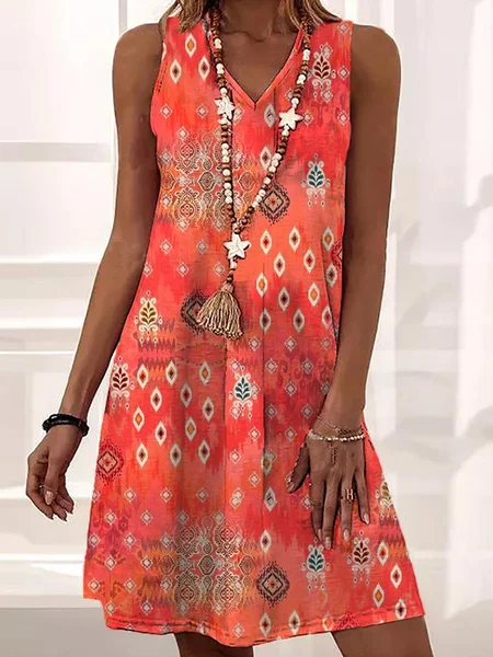 

Women's Sleeveless Summer Ethnic Dress V Neck Daily Going Out Casual Midi A-Line Orange, Dresses