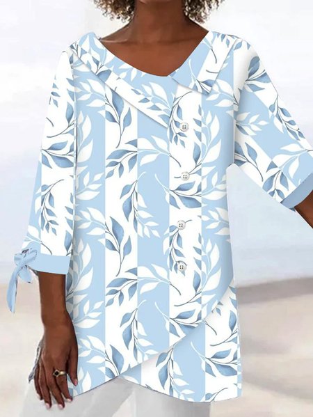 

Asymmetrical Three Quarter Sleeve Leaf Buttoned Lightweight Medium Elasticity Loose TUNIC Blouse For Women, Blue, Blouses