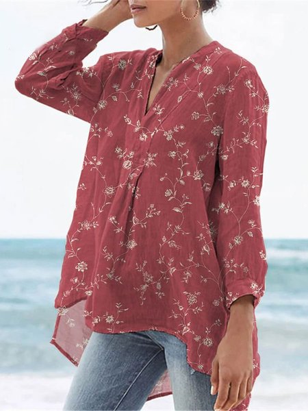 

Women's Long Sleeve Blouse Spring/Fall Floral Cotton And Linen V Neck Daily Going Out Casual Top Wine Red, Blouses