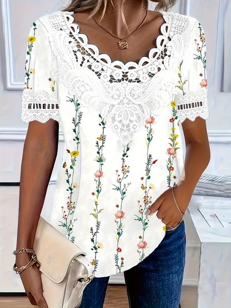 

Casual Floral Lace Collar Short Sleeve T-shirt, White, T-shirts