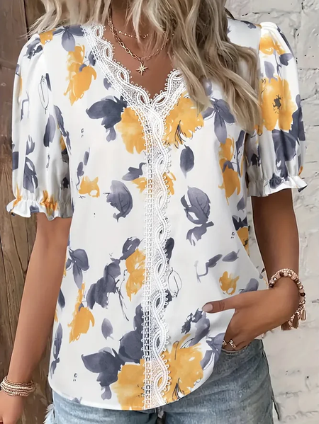 V Neck Short Sleeve Striped Lace Edge Lightweight Loose Blouse For Women, White, T-shirts
