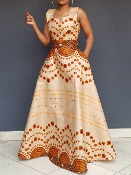 

Geometric Regular Fit Elegant Square Neck Dress, Apricot, Maxi Dresses