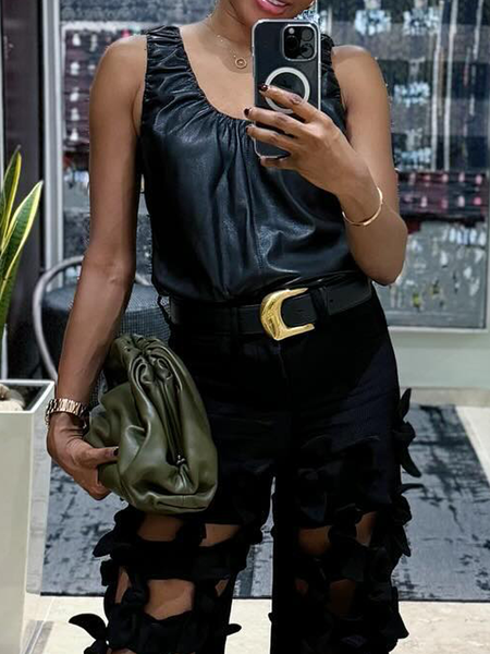 

Micro-Elasticity Regular Fit Sleeveless Urban Faux Leather Top, Black, Tops