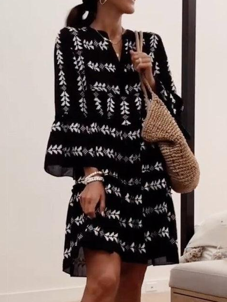 

Women Nationality/ethnic Notched Long Sleeve Comfy Casual Pocket Stitching Midi Dress, Black, Short