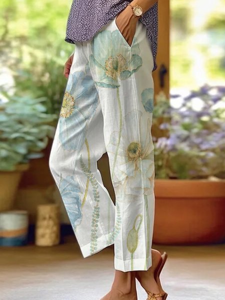 

Loose Casual Floral Pants, White, Pants