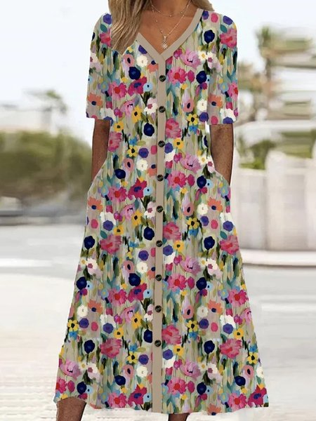 

Women Floral V Neck Half Sleeve Comfy Casual Buckle Midi Dress, Flower, Maxi