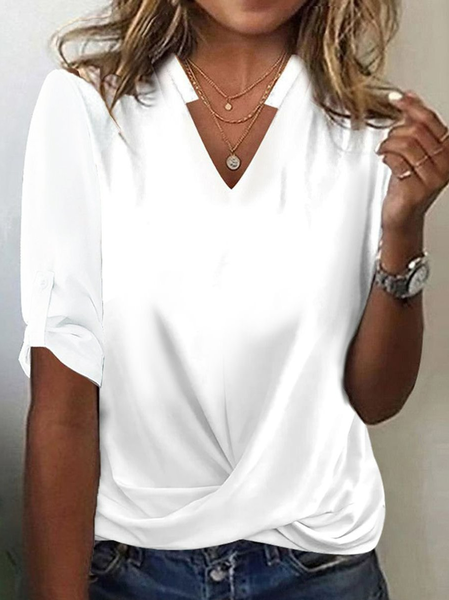 

Women's Three Quarter Sleeve Tee T-shirt Spring/Fall Plain Knot Front V Neck Daily Going Out Casual Top White, T-Shirts