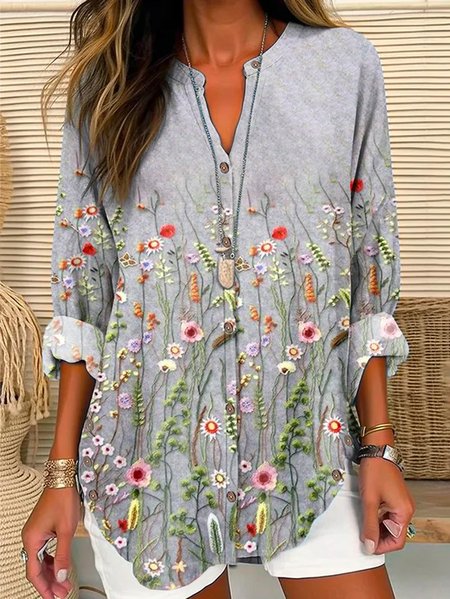 

V Neck Long Sleeve Floral Buckle Regular Loose TUNIC Shirt For Women, Gray, Shirts