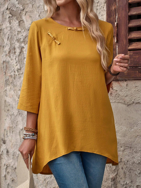 

Women's Three Quarter Sleeve Blouse Spring/Fall Plain Buckle Cotton And Linen Crew Neck Daily Going Out Casual Top Yellow, Blouses