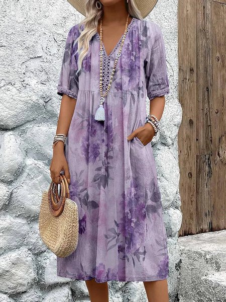 

Women's Short Sleeve Summer Floral Pattern Lace Edge Dress V Neck Daily Going Out Casual Midi A-Line Purple, Dresses