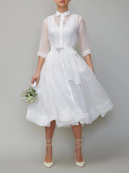 

Elegant Shawl Collar Regular Fit Dress With Belt, White, Midi Dresses