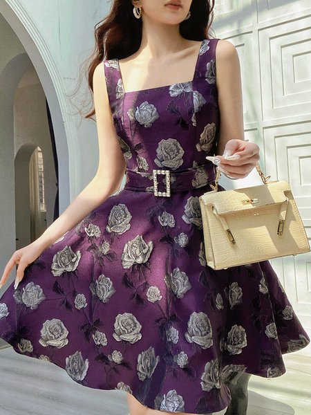 

Elegant Square Neck Floral Jacquard Dress With Belt, Purple, Mini Dresses