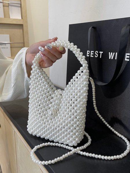 

Elegant Imitation Pearl Beaded Handbag with Detachable Crossbody Strap, White, Bags
