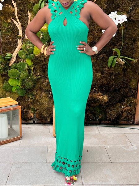 

Elegant Plain Cross Neck Sweater Dress, Green, Maxi Dresses