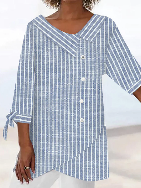 

Asymmetrical Collar Three Quarter Sleeve Striped Buckle Regular Loose Blouse For Women, Blue, Blouses