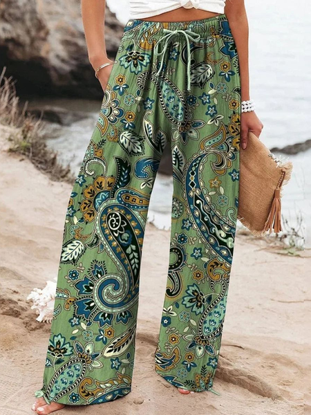 

Women's Drawstring H-Line Wide Leg Pants Daily Going Out Pants Casual Ethnic Spring/Fall Pants, Green, Pants