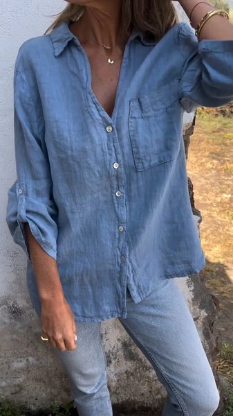 

Plain Loose Casual Shirt, Blue, Blouses & Shirts