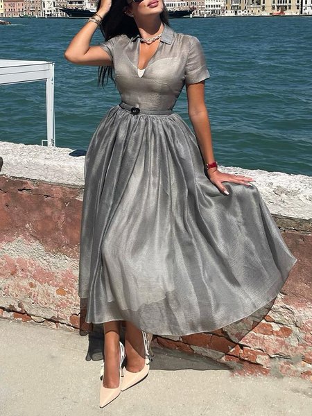 

Elegant Regular Fit Plaid Shirt Collar Midi Dress With No Belt, Gray, Midi Dresses