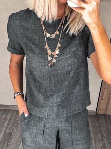 

Daily Crew Neck Plain Casual Short Sleeve Shirt, Gray, Blouses and Shirts