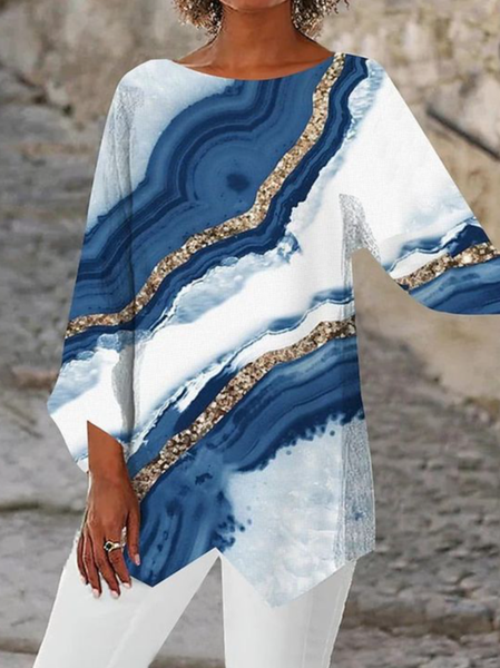 

Crew Neck Three Quarter Sleeve Abstract Regular Loose Blouse For Women, Blue, Blouses