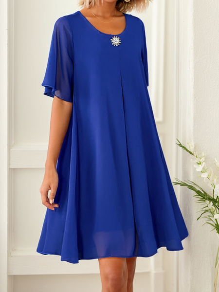 

Women's Short Sleeve Summer Plain Chiffon Dress Crew Neck Party Going Out Elegant Knee Length H-Line Blue, Dresses