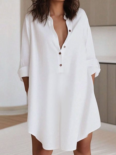 

Women Plain Shirt Collar Long Sleeve Comfy Casual Buckle Mini Dress, White, Short