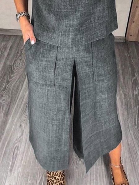 Casual High Waist Pockets Capris Wide Leg Pants, Gray, Shorts
