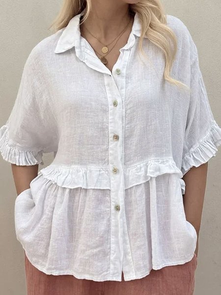 

Plain Shirt Collar Casual Cotton Shirt, White, Blouses & Shirts