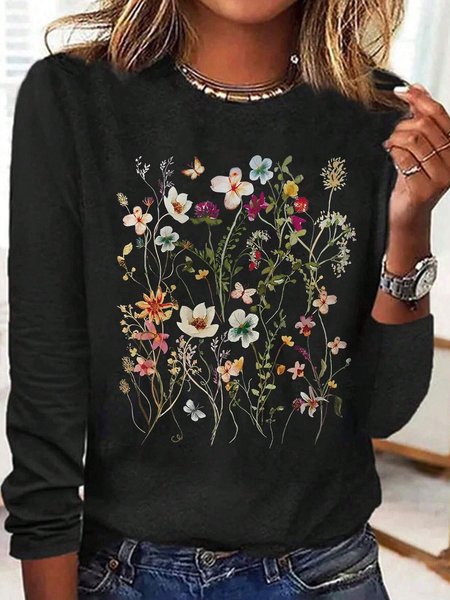 

Loose Casual Floral Crew Neck T-Shirt, Black, Long sleeves
