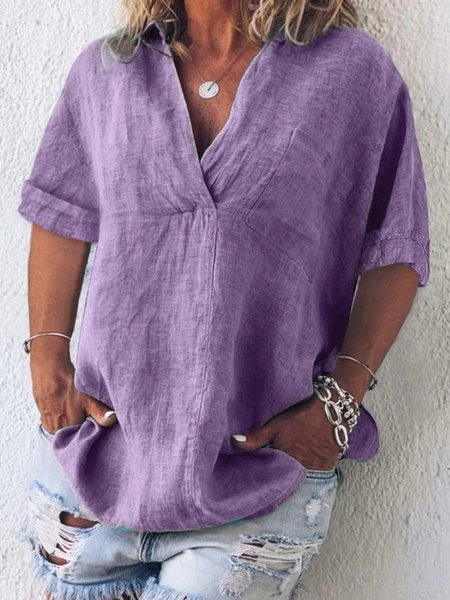 

Plain Vacation Notched Shirt, Purple, Blouses & Shirts