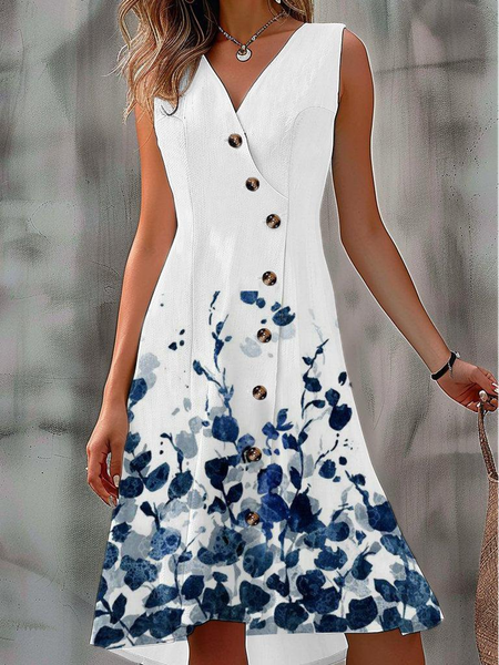 

Women's Sleeveless Summer Floral Buckle Dress V Neck Daily Going Out Casual Knee Length X-Line White, Dresses