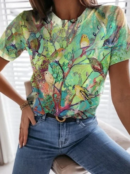 

Casual Bird Crew Neck Short Sleeve T-shirt, Green, T-shirts