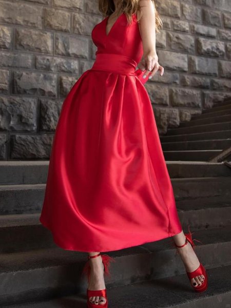 

Pocket Stitching V Neck Plain Elegant Dress With Belt, Red, Maxi Dresses