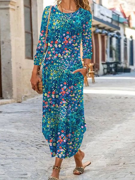 

Women Floral Crew Neck Long Sleeve Comfy Casual Maxi Dress, Blue, Maxi