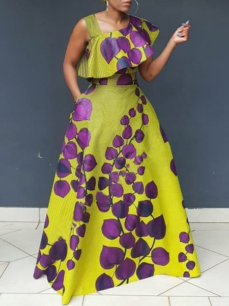 

Regular Fit Elegant Asymmetrical Neck Floral Dress, Yellow, Maxi Dresses