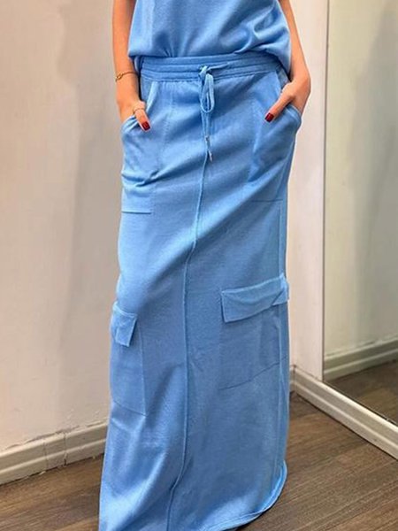 

Plain High Waist Casual Pockets Skirt, Blue, Skirts