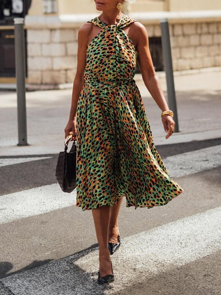 Halter Elegant Leopard Sleeveless Midi Dress, As picture, Midi Dresses