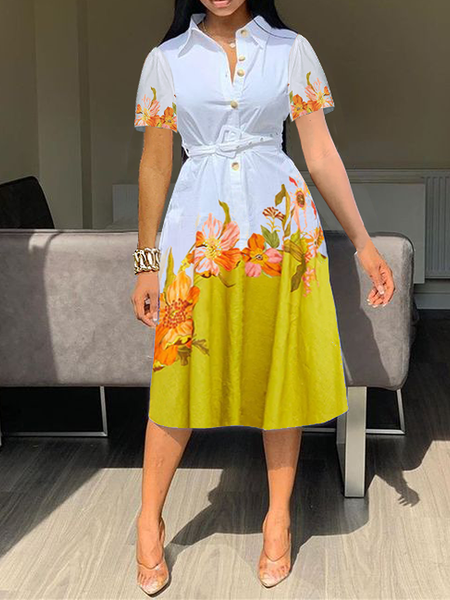 

Pocket Stitching Floral Shirt Collar Short Sleeve Urban Dress With Belt, As picture, Midi Dresses