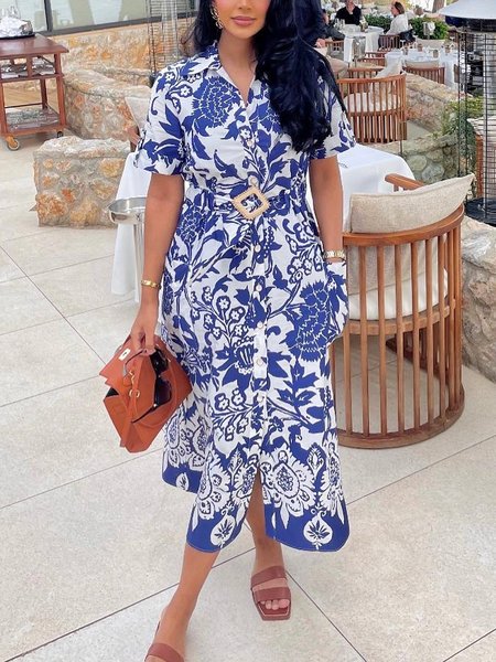 

Casual Floral Shirt Collar Short Sleeve Midi Dress With Belt, Blue, Midi Dresses