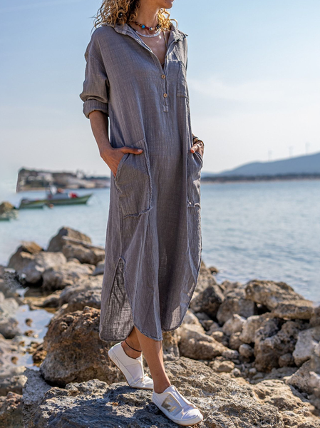 Women's Long Sleeve Spring/Fall Plain Buckle Dress Shirt Collar Daily Going Out Casual Maxi H-Line Shirt Dress Gray, Dresses