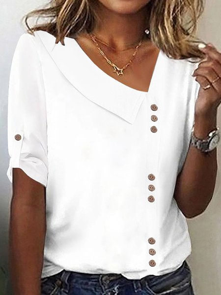 

Casual Plain Asymmetrical Three Quarter Sleeve T-shirt, White, T-shirts