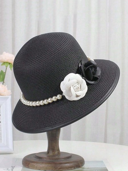 

Elegant Imitation Pearl Camellia Handmade Straw Sun Hat, Black, Hats