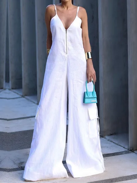 

Loose Urban Sleeveless Spaghetti Jumpsuit with Pocket, White, Jumpsuits