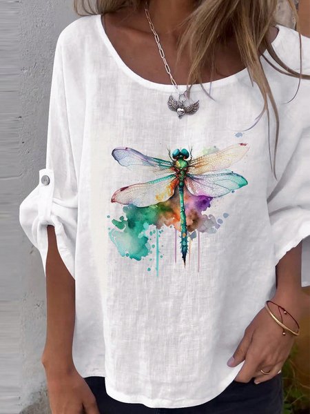 

Crew Neck Long Sleeve Dragonfly Buckle Regular Loose Blouse For Women, White, Blouses