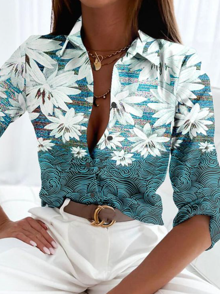 

Shirt Collar Long Sleeve Floral Regular Loose Shirt For Women, Green, Shirts